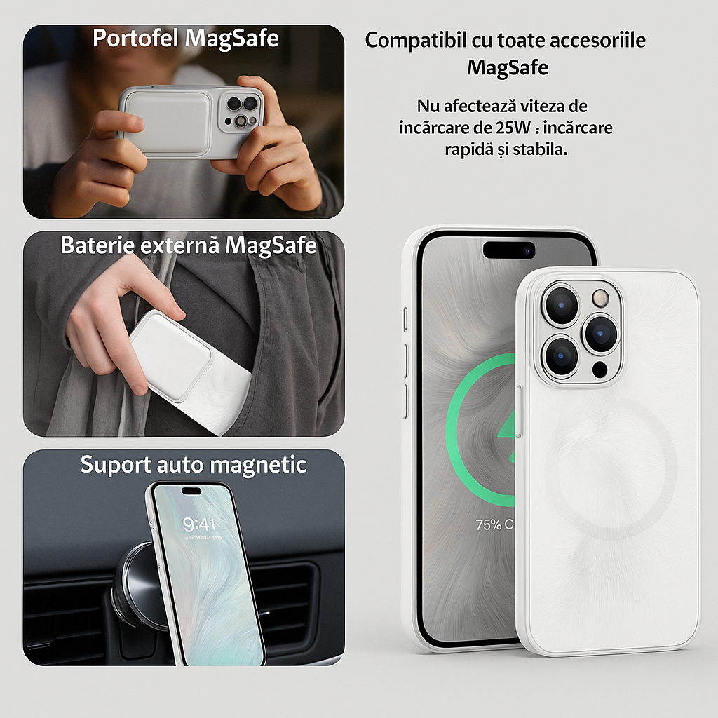 Husa de Protectie Pentru iPhone  MagSafe, model cu efect 3D tip Pana, design elegant si protectie completa inclusiv Lentile impotriva socurilor si zgarieturilor