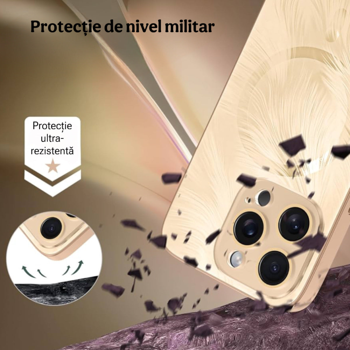 Husa de Protectie Pentru iPhone  MagSafe, model cu efect 3D tip Pana, design elegant si protectie completa inclusiv Lentile impotriva socurilor si zgarieturilor